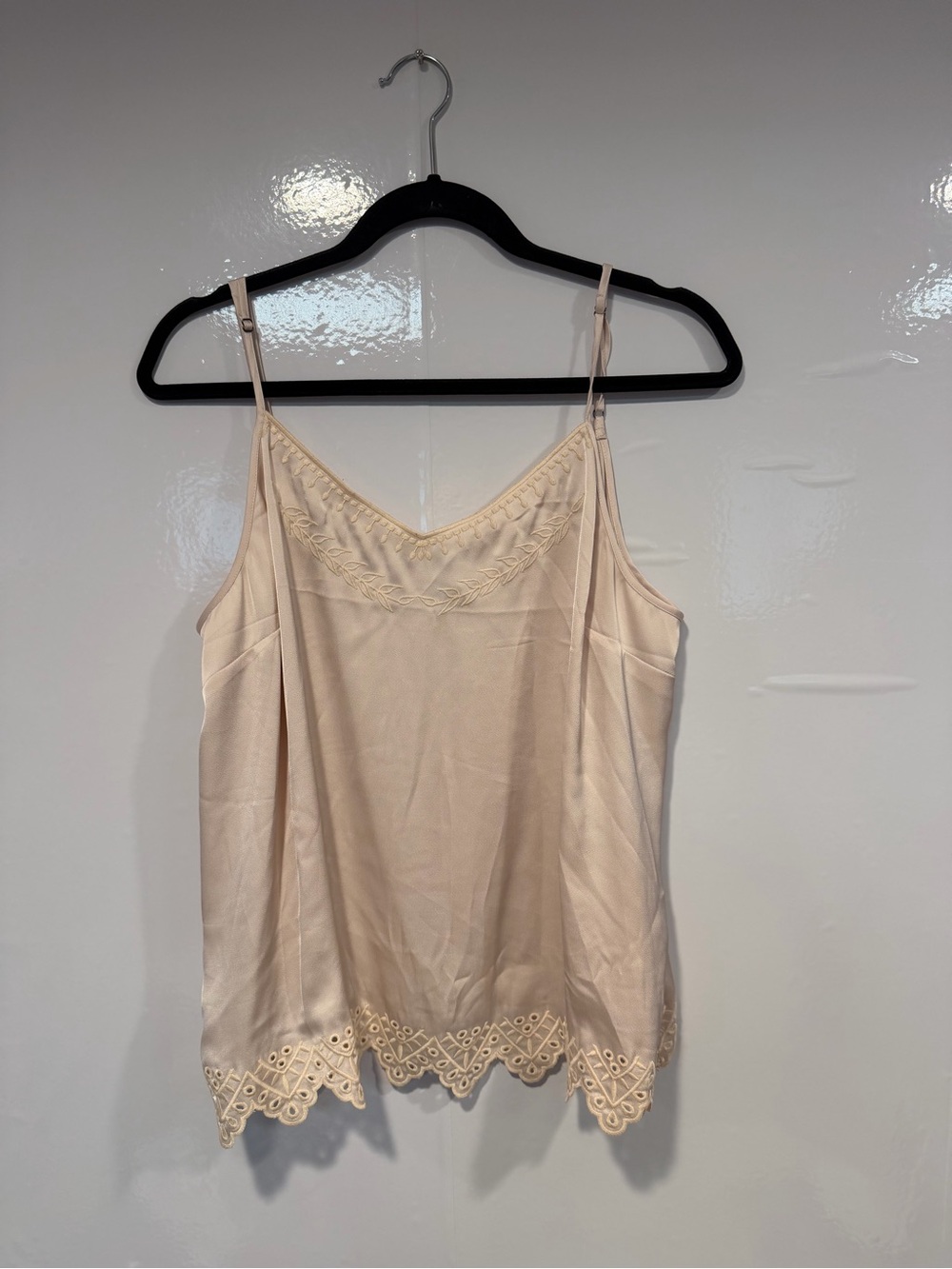 Women's Cabi Satin looking Embroidered Cream Lace-Trim Cami Top